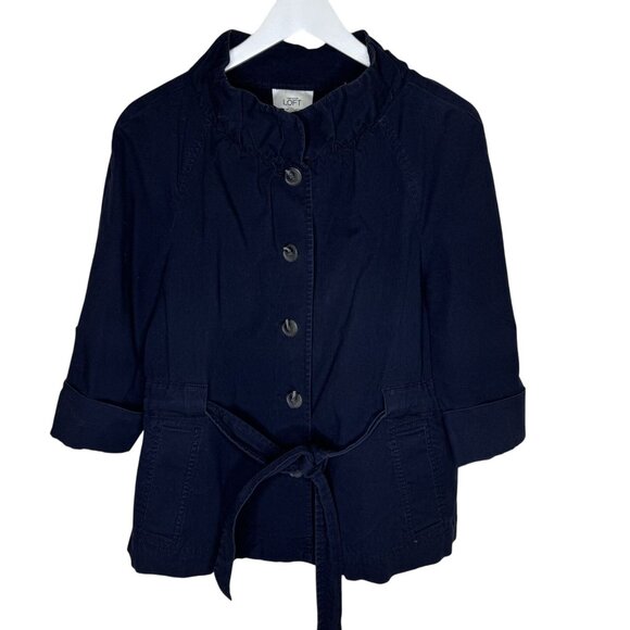 Loft Navy Blue Twill Casual Belted Jacket Blazer, 3/4 Sleeves, Size 12 - Picture 1 of 9
